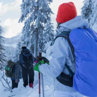 IFMGA guide leading a snowshoe group across fresh powder near the Aiguille Rouge