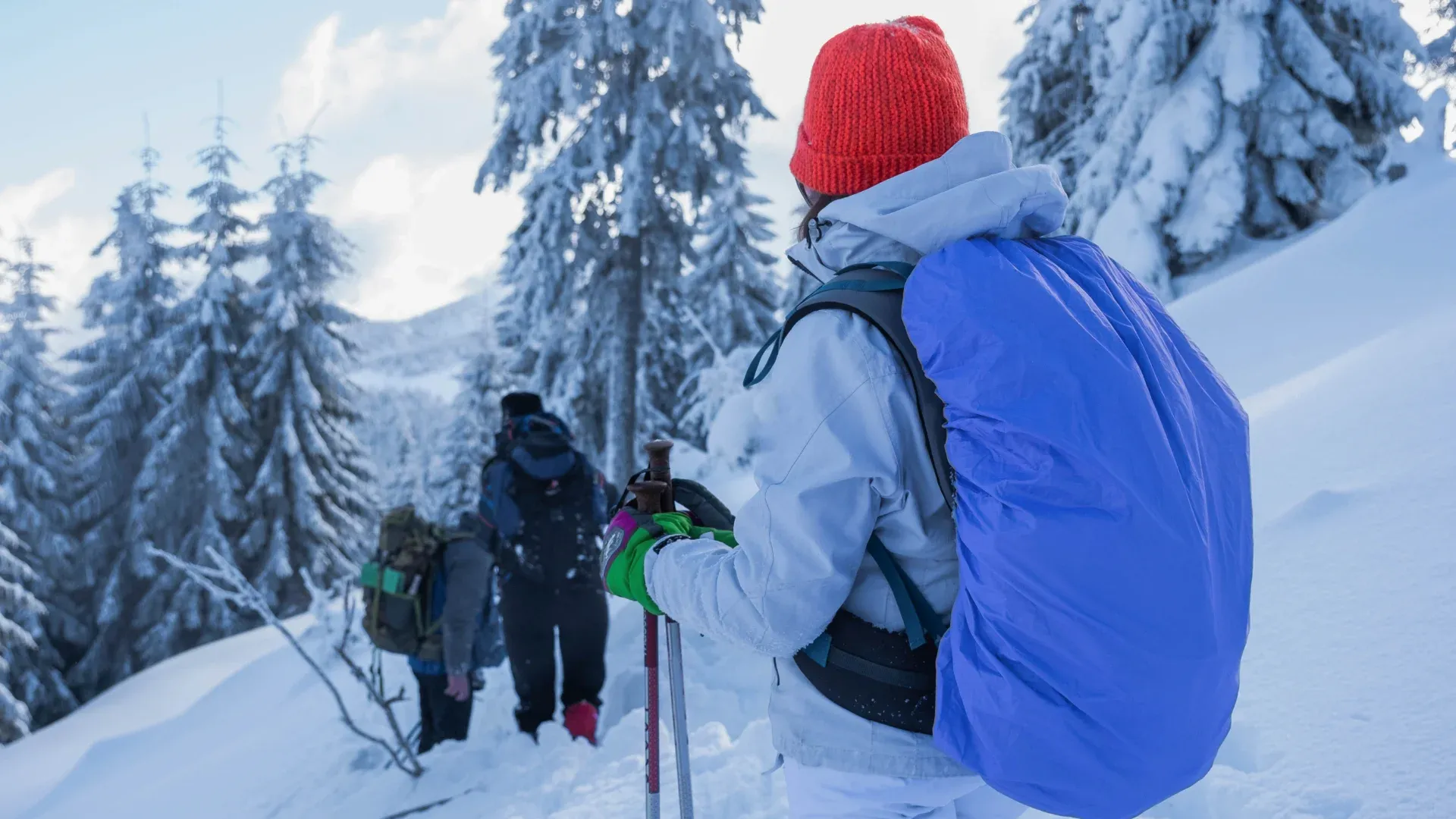 IFMGA guide leading a snowshoe group across fresh powder near the Aiguille Rouge