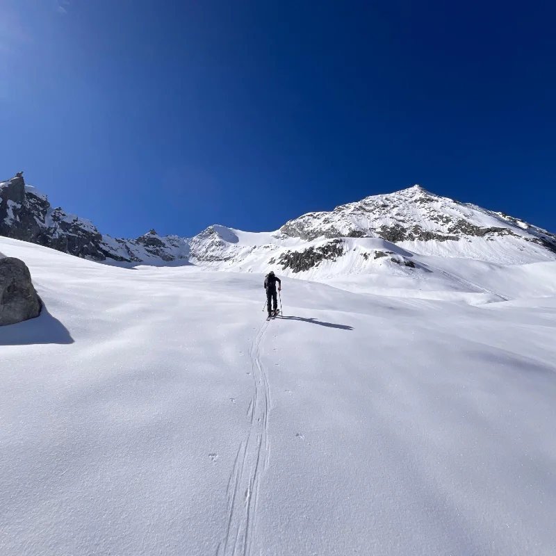 Skiers navigating glacier terrain on the way to the summit