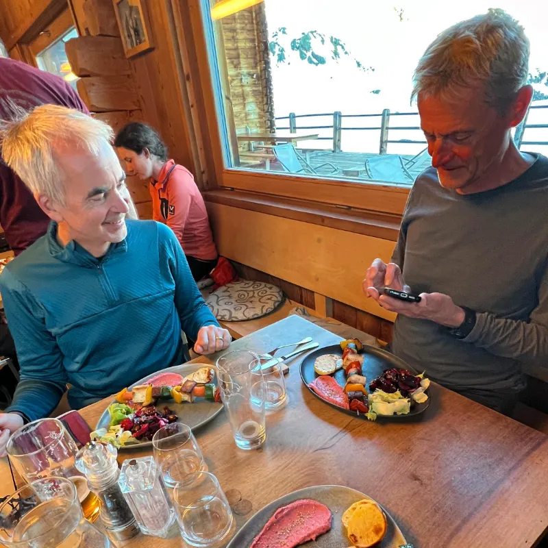 Lunch in refuge in Monte Rosa Massif after a great ski touring