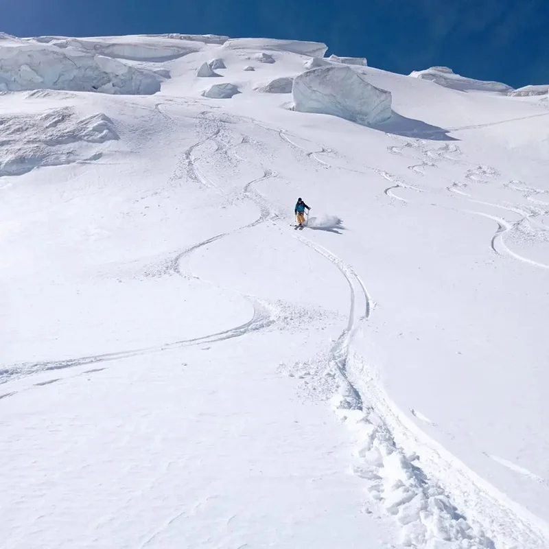 Freeride skier navigating glacier terrain on the Vallée Blanche