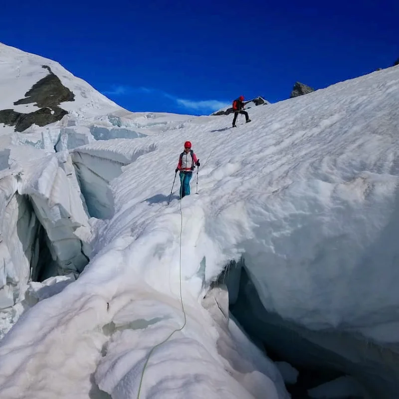 Mountaineers crossing glacier terrain near Aiguille du Midi