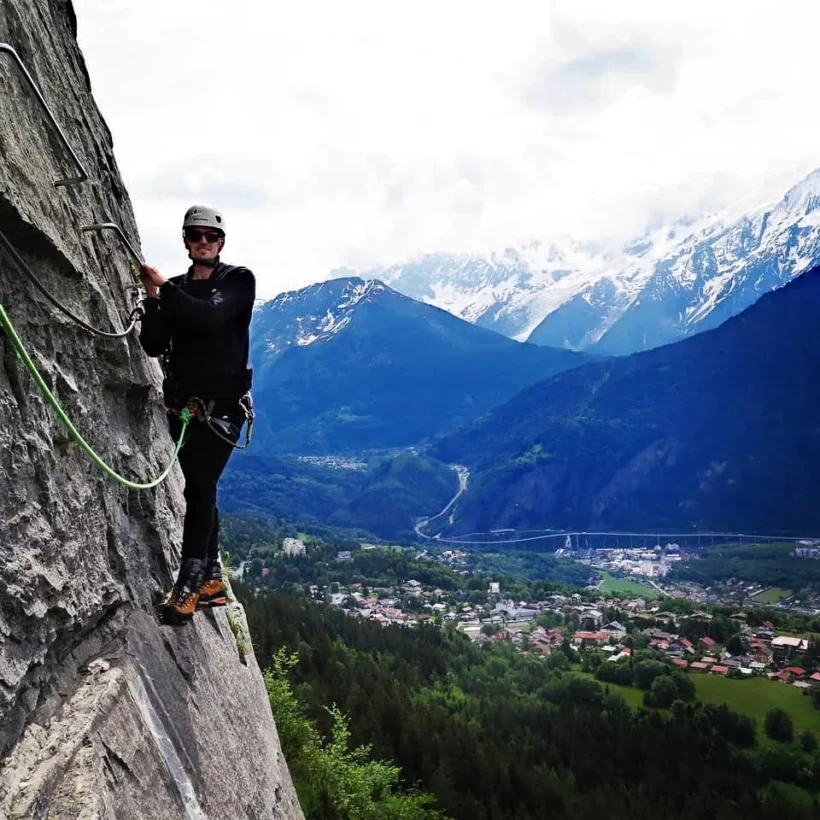 Guided via ferrata ascent on exposed alpine terrain